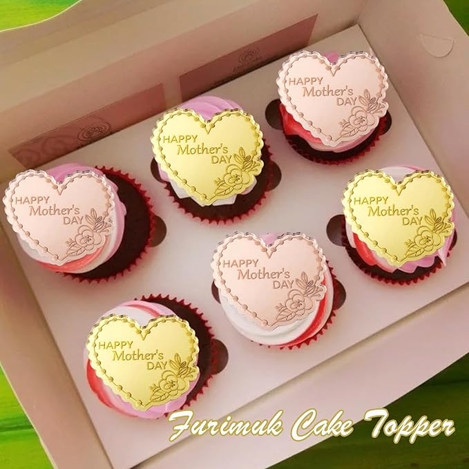 20 Pcs Mother's Day Cupcake Topper Acrylic Cake Disc Mirror Heart Cake Topper Engraved Happy Mother's Day Cake Topper Cupcake Decorations for Birthday Mother's Day Gifts Party Decor (Gold & Rose Gold)