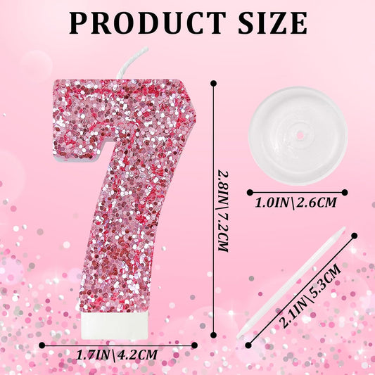 Birthday Number Candles, Glitter Number Candle Cake Decorations with Sequins, Cupcake Decorations for Girls, Women, Party Anniversary Celebrations (Number 7, Pink)