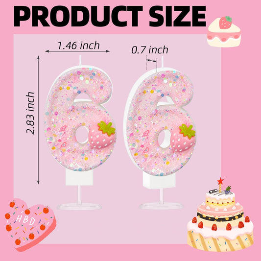 HXOUSE Strawberry Number 6 Birthday Candles - Pink Berry Birthday Candles for Cake, 6 Candle Topper for Anniversary Celebrations Supplies, Strawberry Party Decorations for Girl (No.6)