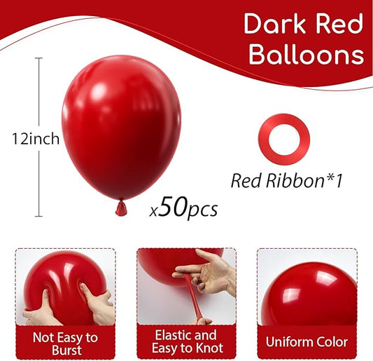 Dark Red Balloons 12 inch, Red Latex Balloon 50pcs Party Balloons for Bridal Shower Wedding Birthday Party Decorations