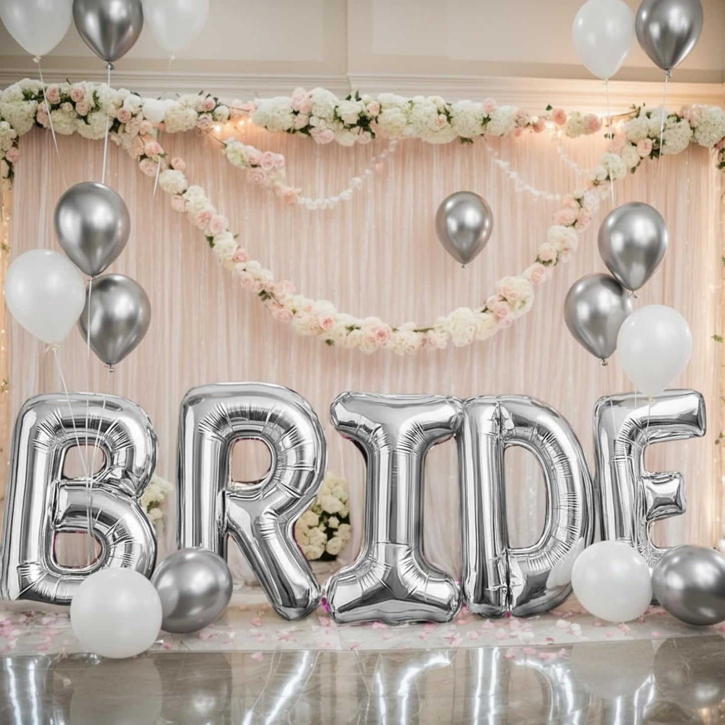 40Inch BRIDE Balloons Silver-Metallic Silver Pearl White Balloons with Large Silver BRIDE Foil Banner Letter Sign for Wedding Bridal Shower Engagement Bachelorette Party Decorations