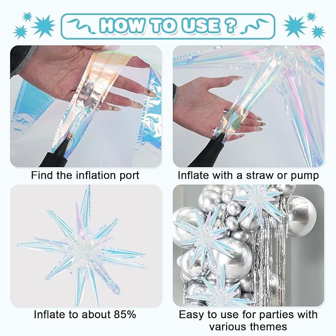 Iridescent Star Balloons,9Pcs 22Inch Iridescent Clear Explosion Spike Cone Helium Polyester Film Star Foil Balloons for Birthday Anniversary Baby Shower Wedding Disco Party Decorations