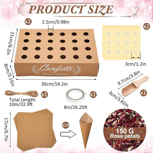 1 Sets Wedding Confetti Cones with 150g (5.29 Oz) Biodegradable Dried Flowers Rose Petal - 30 Kraft Paper Cones, Tray & Stickers for Wedding, Bridal Shower, Engagement Party, Baby Shower
