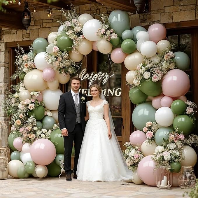 Sage Green Pink Balloon Garland Double Stuffed Dusty Pink Green White Sand Balloons Rose Cream Balloon Arch Kit for Birthday Baby Shower Gender Reveal Wedding Wild Flower Easter Party Decorations