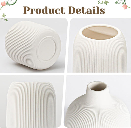 Modern White Ceramic Vase Set of 3, Ribbed Texture Boho Minimalist Home Decor, Small Decorative Vases for Centerpiece, Shelf, Tabletop - Aesthetic Touch for Neutral & Transitional Spaces
