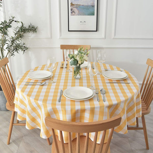 maxmill Round Checkered Tablecloth Spillproof Wrinkle Free Heavy Weight Gingham Table Cloth for Circular Table Buffalo Plaid for Buffet Banquet Parties Holiday Dinner 70 Inch Yellow and White