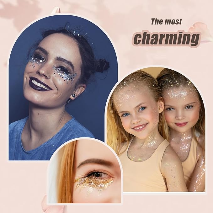 Face Body Glitter, Hair Glitter Sparkles Chunky Face Glitter Gel for Girls Makeup Singer Concerts Mermaid Festival Sequins Face Paint (White+Silver+Pink)