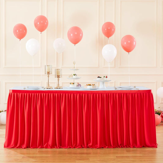 12ft Red Table Skirts for Rectangle Tables Polyester Pleated Table Skirt Desk Skirts Ruffle Table Skirt cloth for Wedding Birthday Party Baby Shower Bridal Shower Banquet Table Skirts