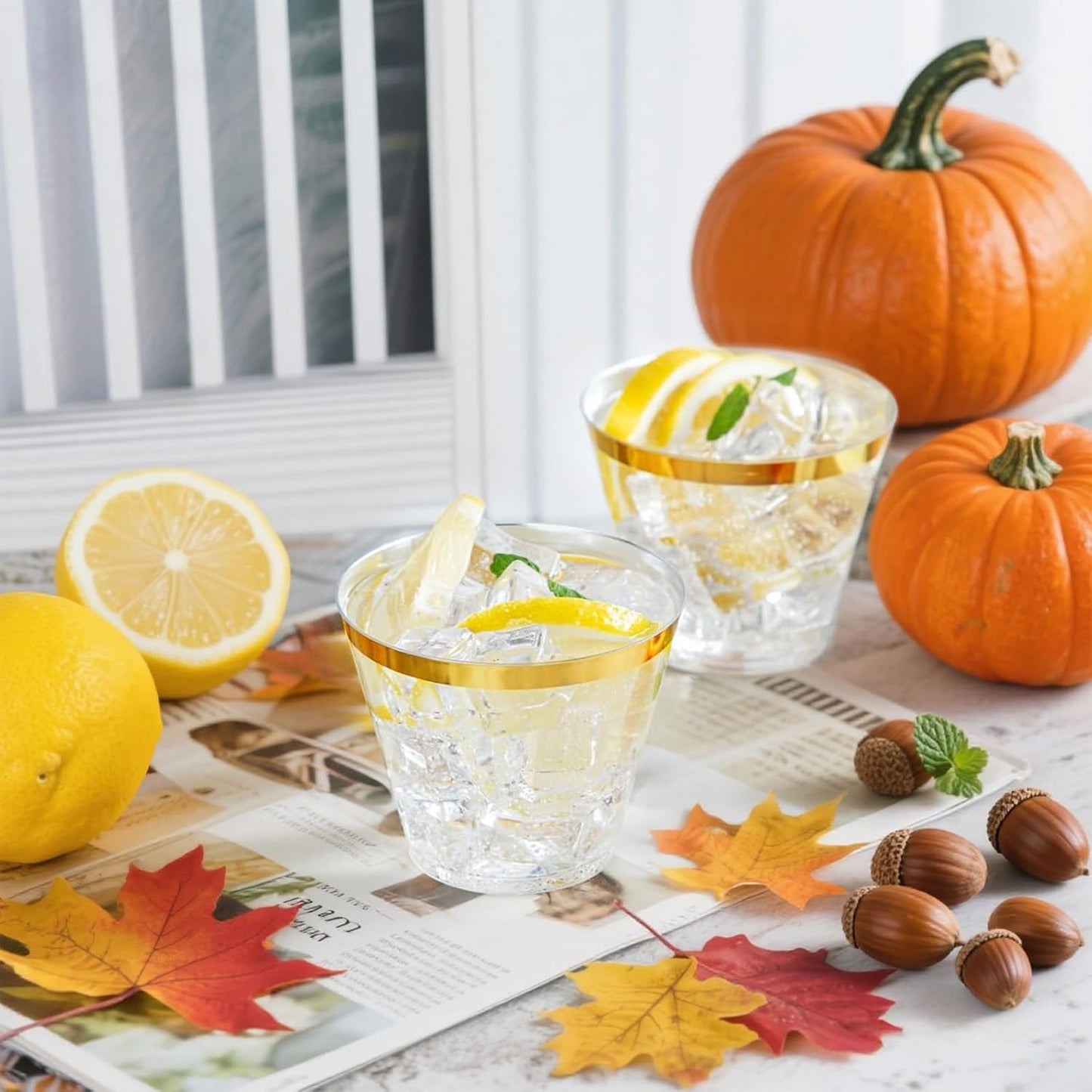 Ciaell 200PCS Gold Plastic Cups - 9Oz Heavy Duty Disposable Clear Plastic Cups with Gold Rim for Wine, Cocktail, Party & Wedding & Thanksgiving