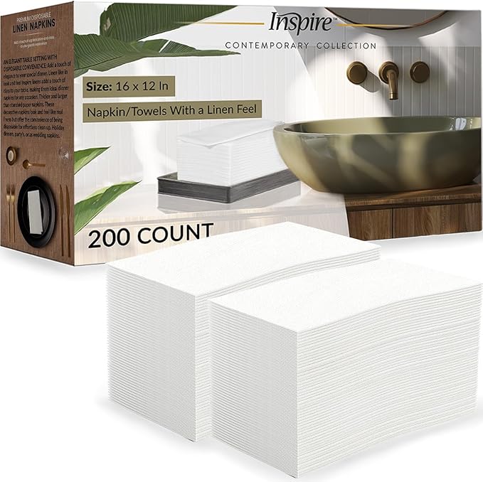 Inspire Linen Feel Disposable Napkins | Elegant Guest Hand Towels For Fine Dining, Bathroom, Washing Station, | 200 Count
