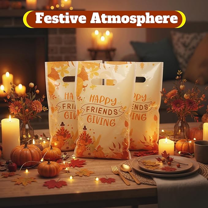 Supervitae 100 Pcs Happy Friendsgiving Plastic Gift Bags Bulk Thanksgiving Party Favor Bags with Handles for Fall Birthdays Weddings Snacks Goodie Candy Treat Party Favors Supplies