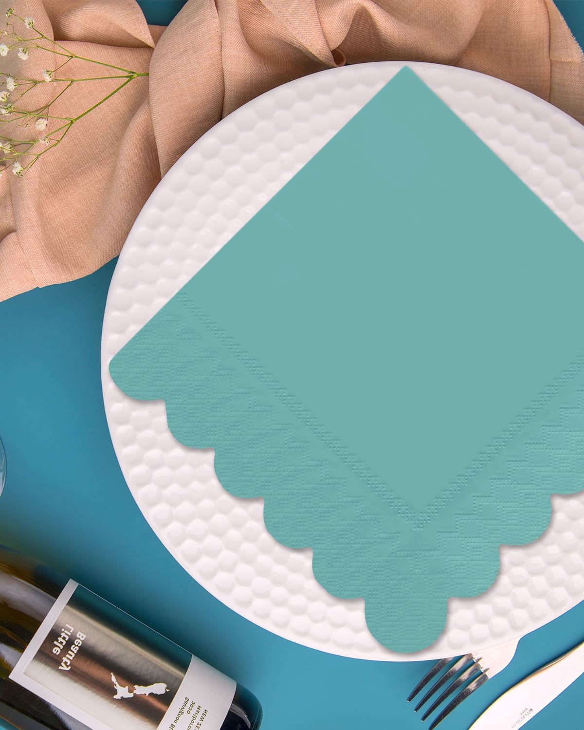 qiqee Vintage Green Cocktail Dinner Napkins 5x5inch Disposable Beverage,Wedding, Birthday Party Dessert Wave Paper Napkins(120 Count)