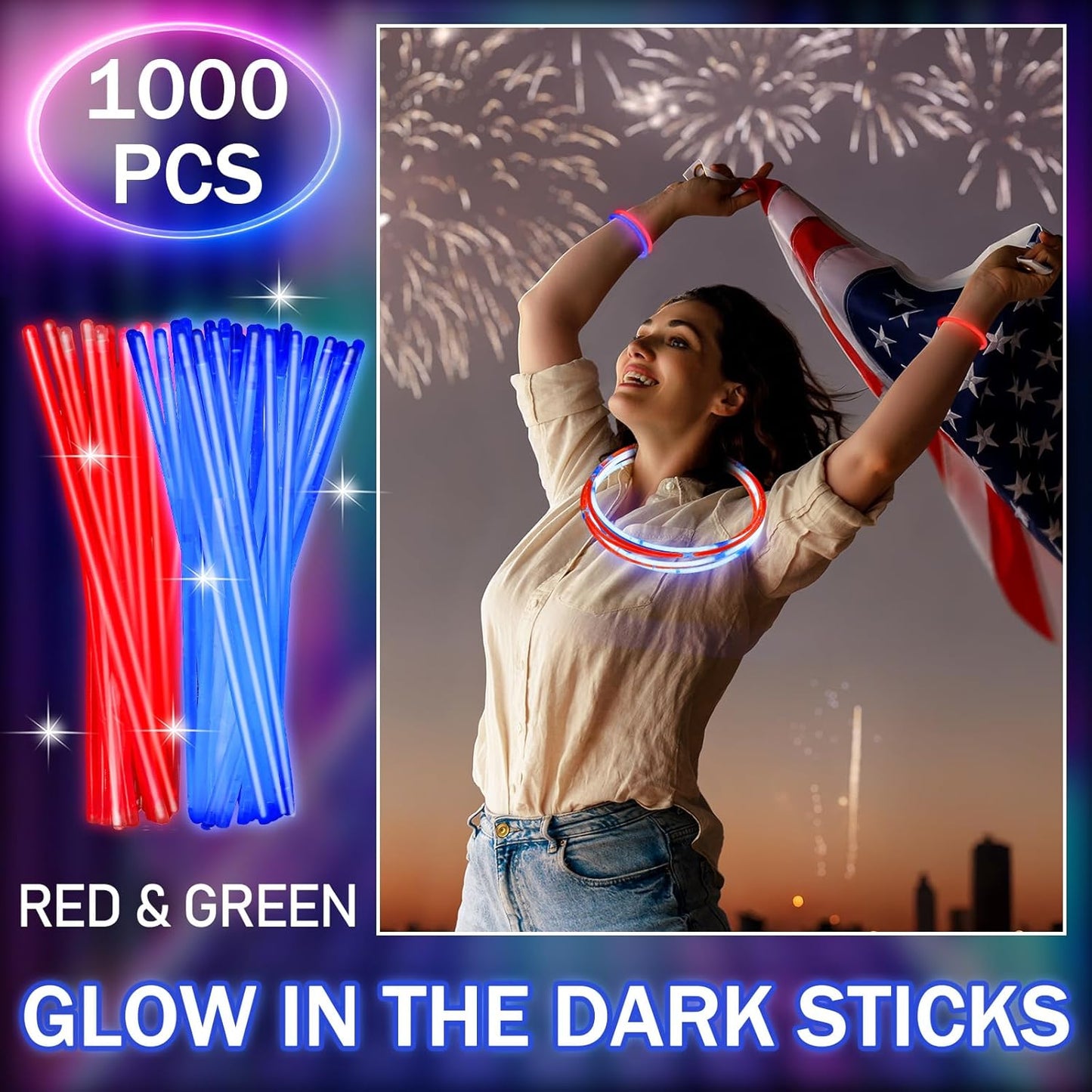 Lenwen 4th of July Red Blue Glow Sticks Bulk Party Favors Supplies 1000 Pcs, Light up Bracelets Necklaces Accessories Decorations, Fun Items for Fourth of July Patriotic Birthday Pool Games Activities