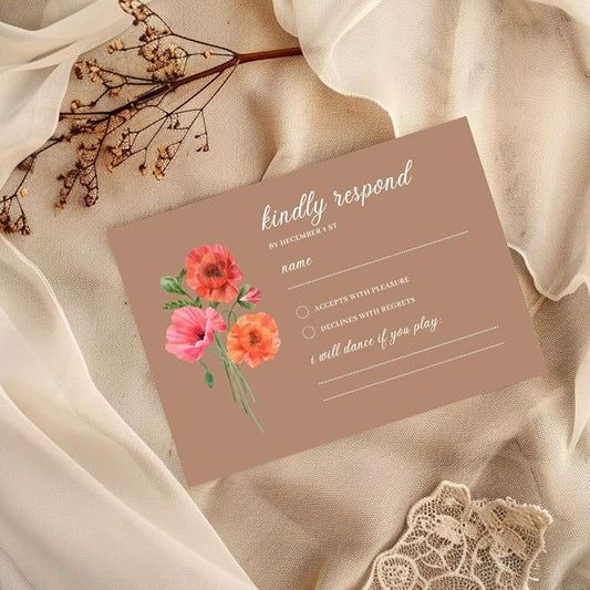Personalized Wedding RSVP Cards On Glossy Thick Card With Envelope, Personalized Reponse, 5 x 3.5 Inches, Set of 15 Custom Cards with White Envelopes (Brown)