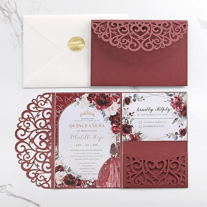 50PCS Burgundy Wedding Invitation Bridal Shower Invitations with Envelopes RSVP- Laser Cut, Personalized Paper Cards for Birthday Party Quince Anniversary