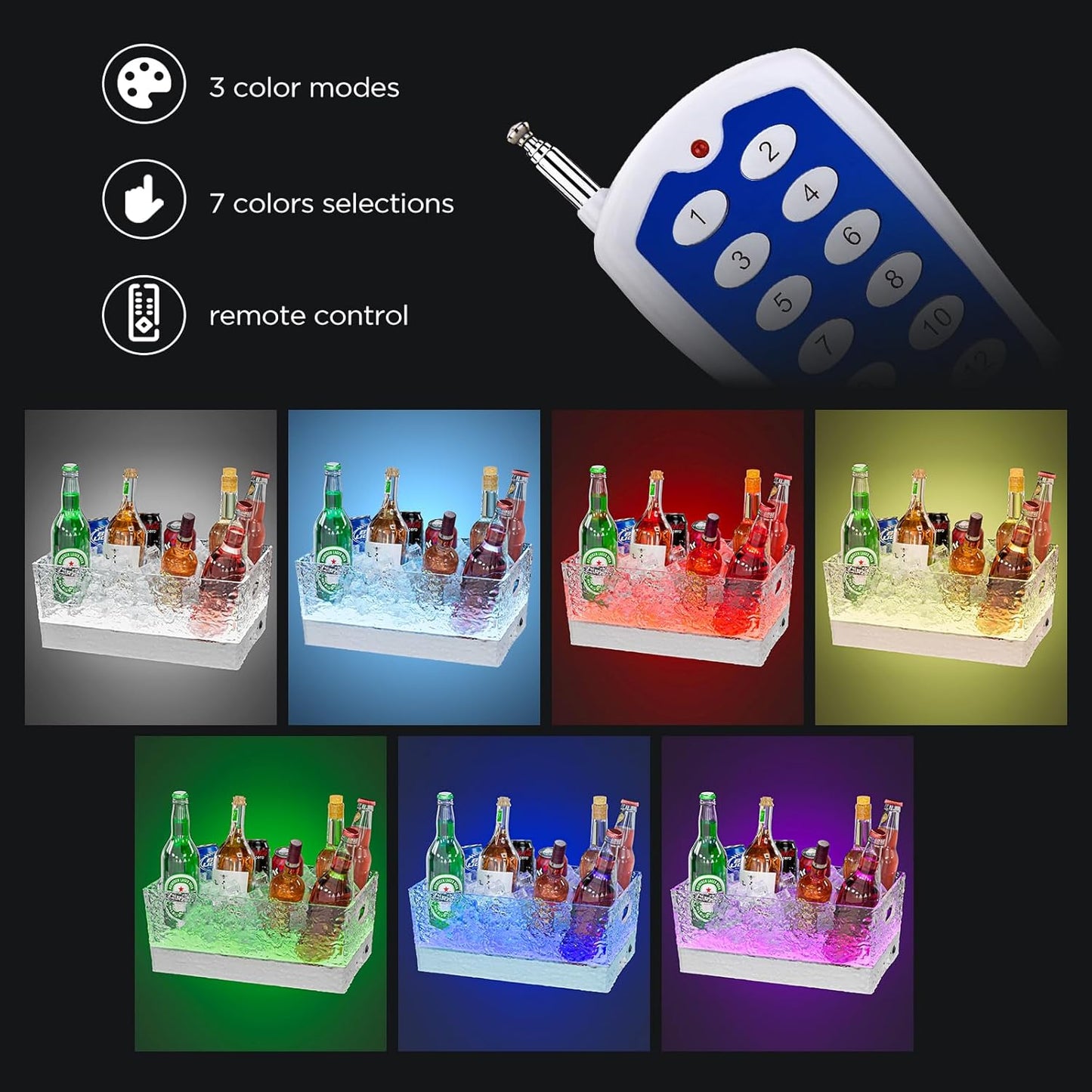 Plastic Ice Bucket Beverage Tubs for Parties, 15Liter / 4 Gallon Large Clear Drink Tub for Champagne Beer Drink Wine Cocktails, 7 Colors LED Light Up with Remote, Leakproof