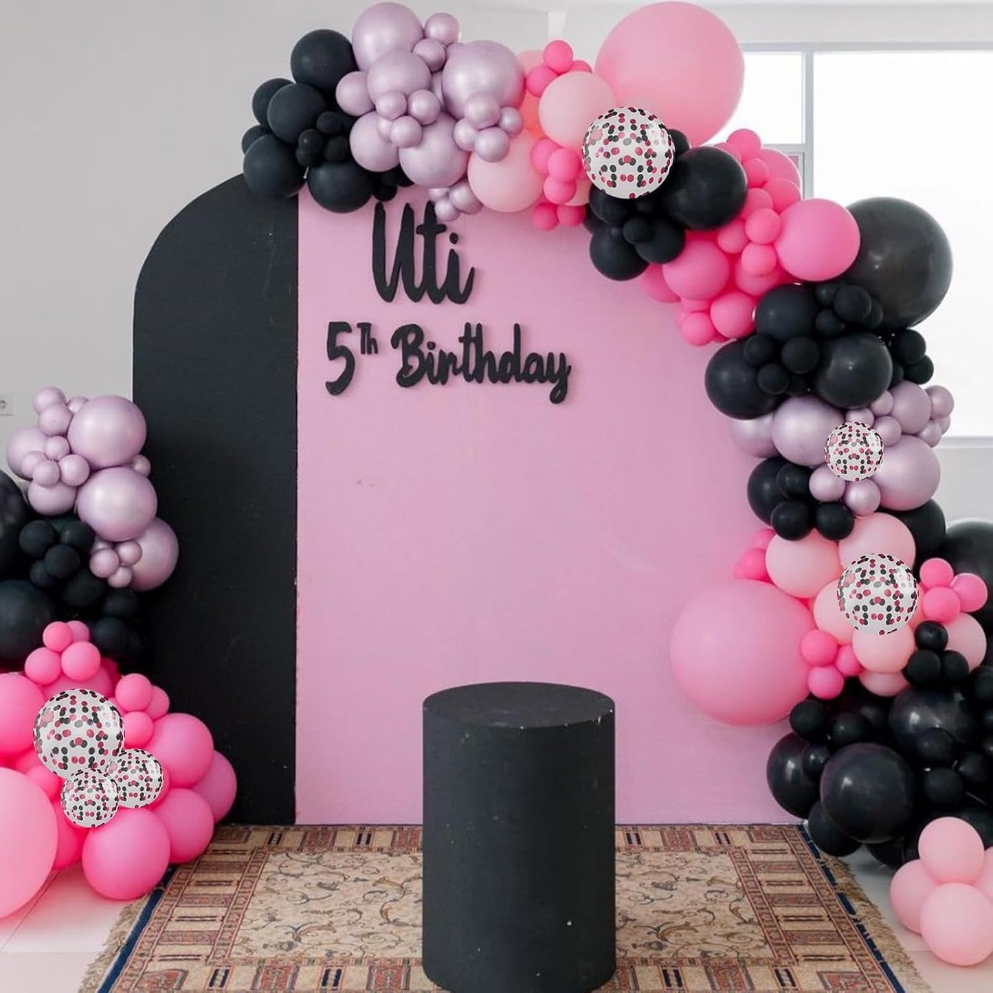 Pink and Black Balloons, 12 Inch Hot Pink Black Balloon with Confetti Balloons for Girls Women Birthday Baby Bridal Shower Wedding Theme Party Decoration