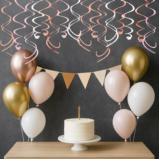 HonuGoGo Pink Hanging Swirl Decorations for Party – 42PCS Rose Gold Foil Ceiling Streamers with Hooks for Birthday, Bridal Shower, Bachelorette, Holiday Celebrations