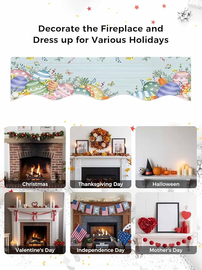 Easter Eggs Fireplace Mantel Scarf Table Runner, Spring Botanical Flowers Eucalyptus Leaf Wood Winter Garland Mantel Top Tablerunners Dresser Scarves Cover for Windows Party Living Room 60''x17''
