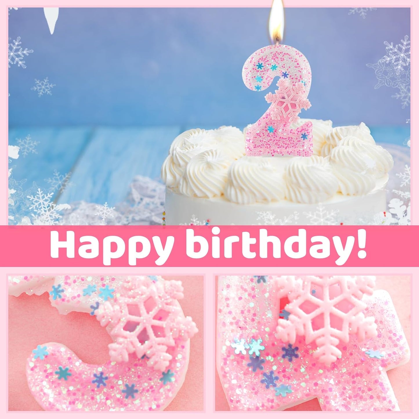 Pink Frozen Snow Themed Birthday Candles,Pink Snowflake Number 2nd Birthday Candle for Party Supplies,Winter Frozen Birthday Party Number 4 Cake Topper Decorations