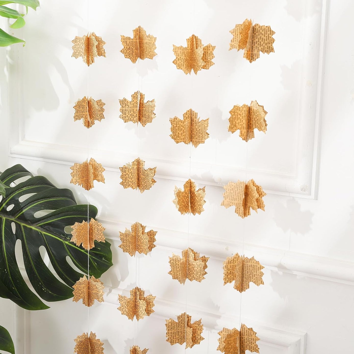 4 Pack 3D Paper Maple Leaf Garland Vintage Pages Recycled Books Leaves Banner Newspaper Bunting Party Autumn Fall Decor Halloween Decorations (Vintage)