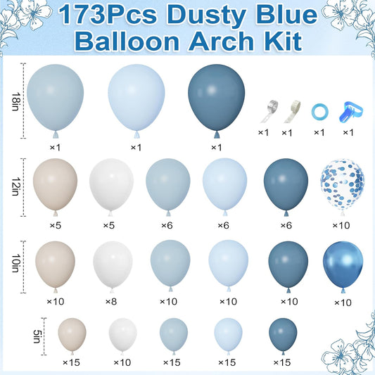 Amandir 173Pcs Dusty Blue Balloon Arch Garland Kit, Baby Light Dusty Blue White Sand Metallic Blue Confetti Balloons for Boy Baby Shower Gender Reveal Wedding Birthday Party Decorations Supplies
