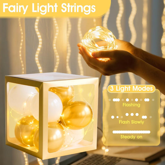 Ledido Baby Boxes with Letters for Baby Shower Decorations, 4 Pcs Transparent Balloon Boxes Blocks with Fairy String Lights, Clear Balloon Boxes for Boy Girl Gender Reveal Party Backdrop (Gold)