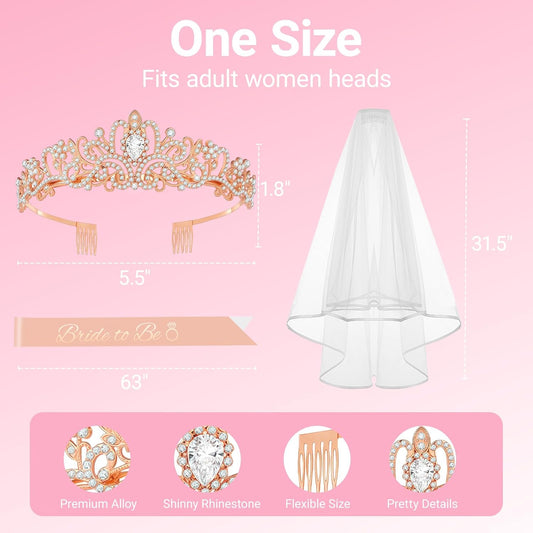 3Pcs Bride to Be Crown with Sash and Veil for Bachelorette Party Decorations, Bridal Shower Accessories for Gift, Favors