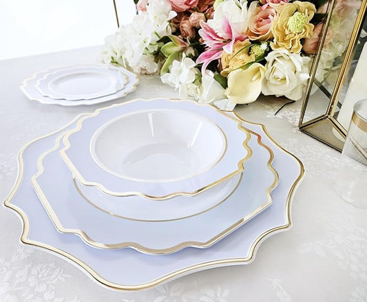 " OCCASIONS " 40 Pieces 13.25'' Scalloped Disposable/Reusable Plastic Charger Plates for Wedding, (Scalloped Imperial Blue & Gold)