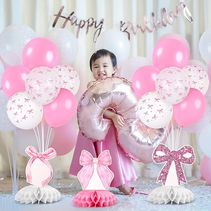 6 Set Pink Bow Birthday Decoration for Table Baby Girl Shower Decorations Pink Bow Balloon Table Centerpiece with Balloons Stand Kit Honeycomb Centerpiece for Girls Birthday Wedding Party Supply
