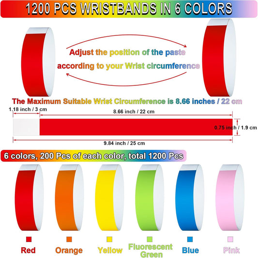 1200 Pcs Plastic Paper Wristbands for Events Neon Color Wrist Bands Concert Identification Wristbands Paper Bracelets Wristbands Party Hand Bands (Red, Orange, Yellow, Fluorescent Green, Blue, Pink)
