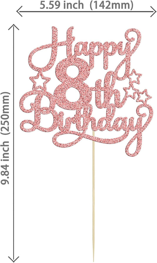 Happy 8th Birthday Cake Topper - Rose Gold Glitter Cheers to 8 Years Old Cake Pick for Celebrating Anniversary Party Decorations Supplies (1 Pack)