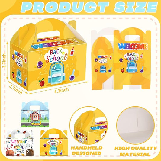 24 Pcs Back to School Party Favor Boxes First Day of School Gift Goodie Candy Cookie Treat Boxes with Handles for Classroom New Semester Favors Party Supplies