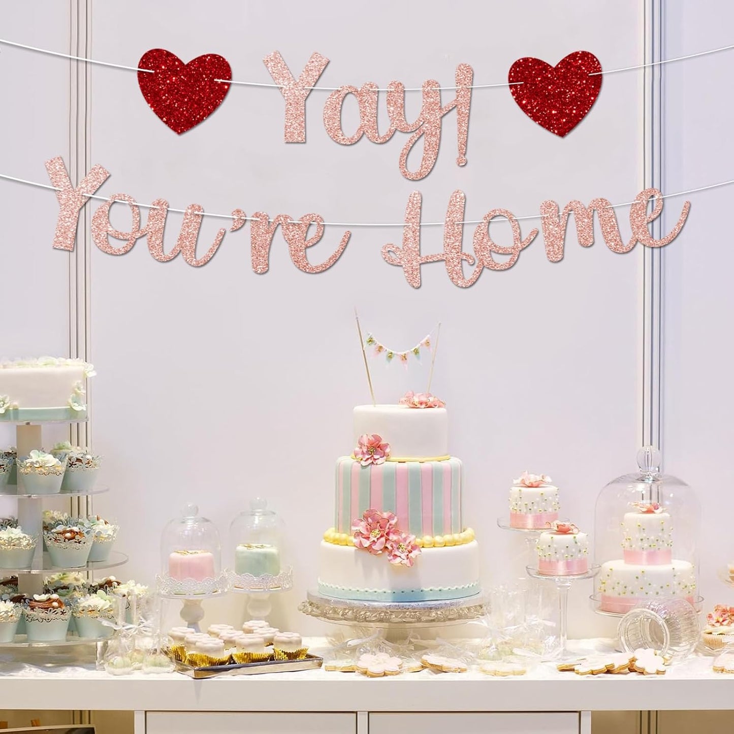 Rose Gold Glitter Welcome Home Banner, Yay! You're Home Banner for Welcome Back, Housewarming & Military Return Party Decorations & Decor, No DIY.