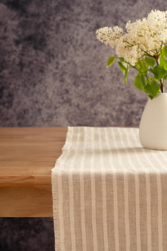 Stripe Linen Table Runner with Fringe- 14x108 Inch, 100% Pure Linen Natural and White Table Runner for Wedding, Party, Easter, Thanksgiving, Easter, Summer, Wedding- Handmade