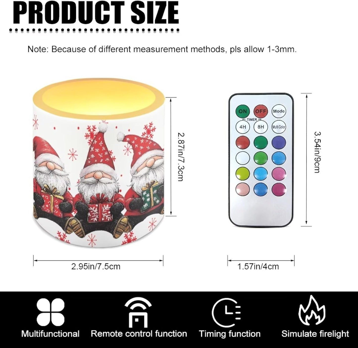 Poceacles 4 PCS LED Flameless Candles for Christmas Realistic Battery Powered No Flame Candles with Remote and Timer, Simulated Wick Flame Tealights, Christmas Gnome Snowflake White Red