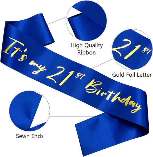 21st Birthday Sash, Blue Satin Soft Sashes with Gold Foil Letter, Birthday Decorations for Girls or Boys, Happy 21st Birthday Party Favor Supplies,Blue Gold