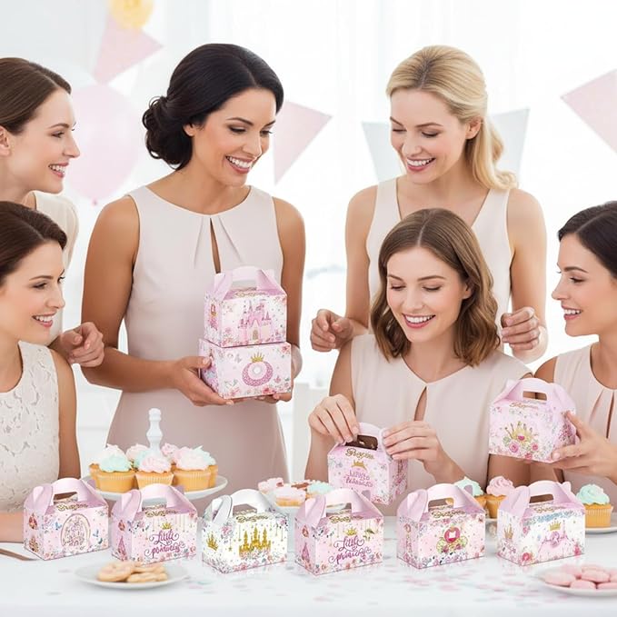 24 Pcs Princess Party Favors Boxes Little Princess Goodie Treat Candy Boxes with Handles Pink Gift Container for Birthday Party Baby Shower Supplies