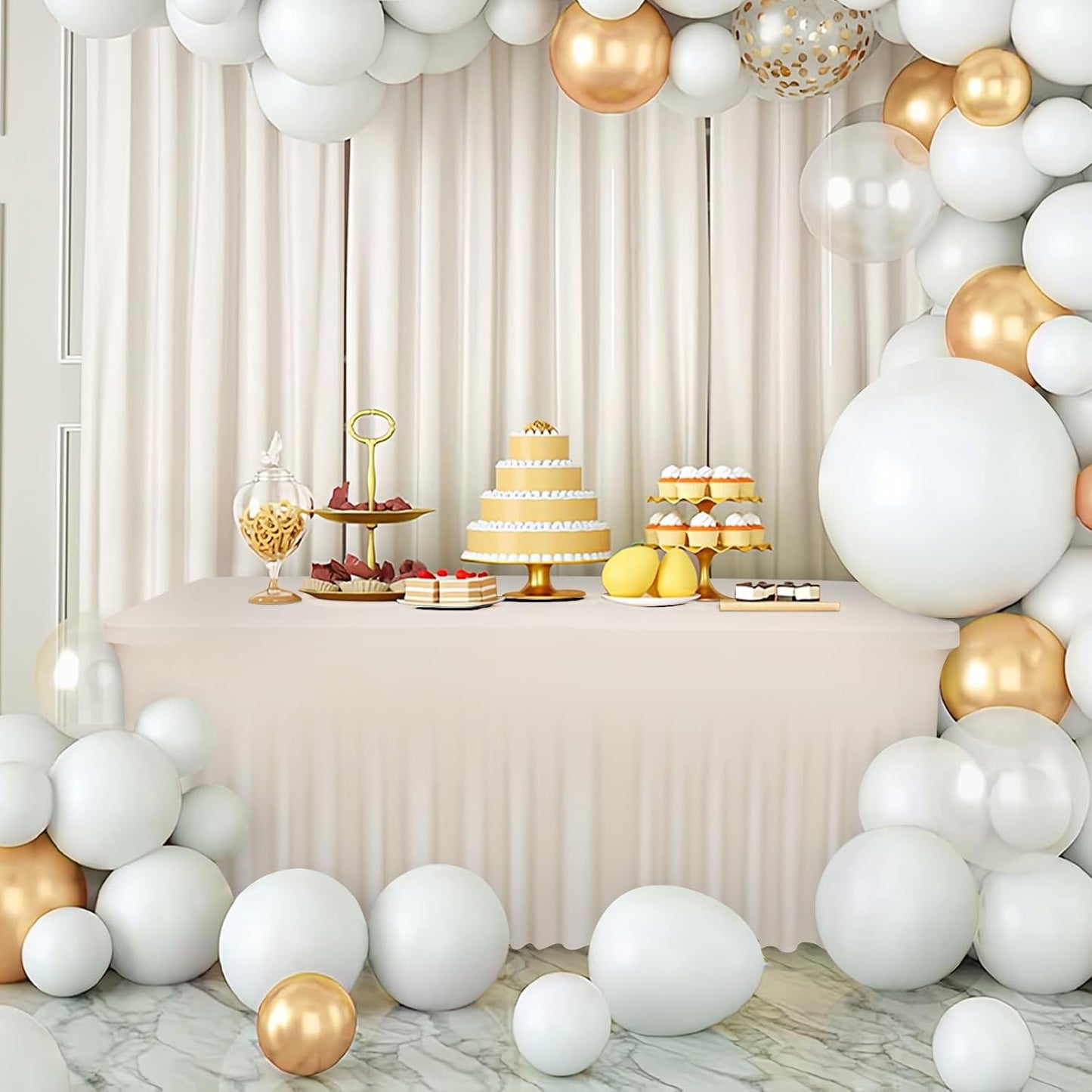 Table Skirts for 8ft Rectangle Tables - 1PCS Beige Table Covers for 8 Foot Tables, Wrinkle Resistant Ruffles Elastic Table Cloths and Table Skirt for Banquets/Weddings/Parties/Birthday