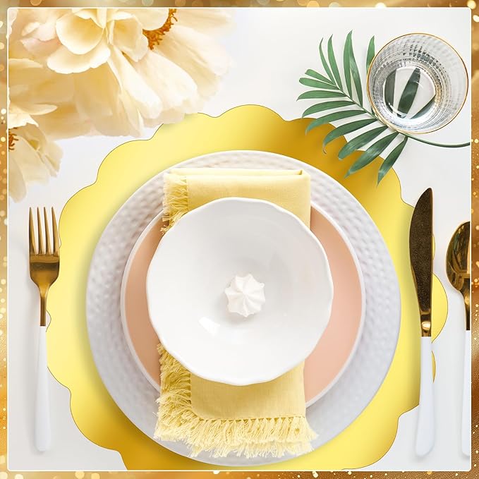 150 Pcs Scalloped Round Gold Paper Placemat for Dinner Plates,13.5" Round Disposable Place Mats Chargers Bulk Christmas Wedding Birthday Party Foil Paper Table Mats Decorative