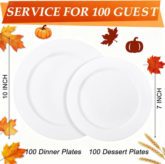 FLOWERCAT 200PCS White Plastic Plates Disposable Plates for Party - Heavy Duty Plastic Plates - 100 10" Dinner Plates and 100 7" Salad Plates for Christmas, Thanksgiving Parties and Events
