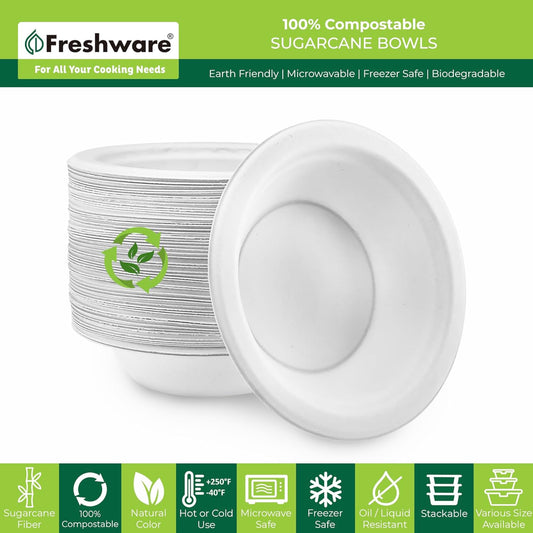 Freshware Paper Bowls - Disposable Soup Bowl, Biodegradable Sugarcane Fiber Serving Bowls - Heavy Duty Bagasse for Hot Food Plates - Microwave & Freezer Safe, Stackable Dinnerware - 150-Pack, 12 oz.