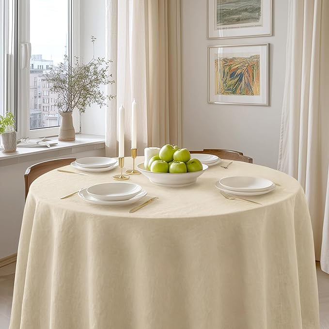 Linen World Round Tablecloth 90" Inch - 100% French Linen Washable Natural Tablecloth for Dining,Outdoor,Weddings and Restaurants,Decorative Thanksgiving Christmas,Sand Beige