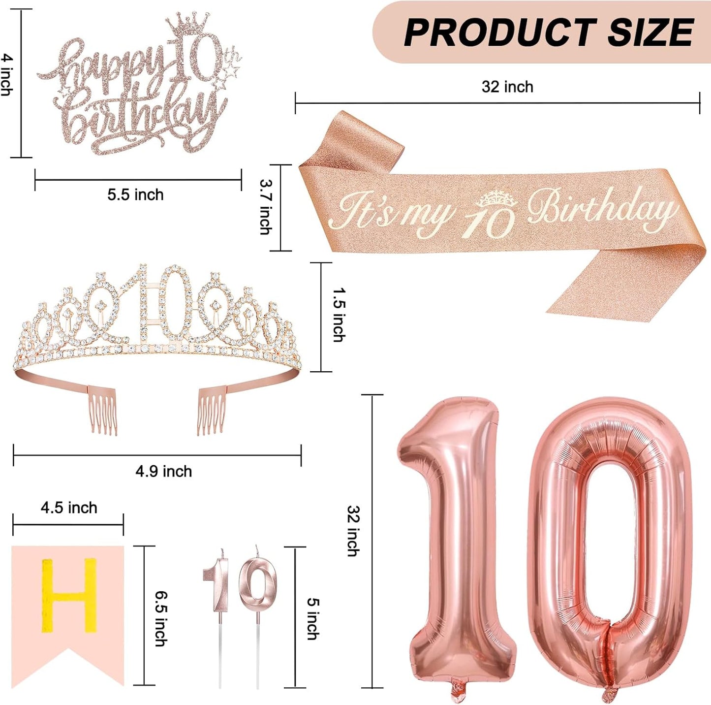 10th Birthday Decorations for Girls, Including 10th Tiara and Sash, Happy Birthday Banner, Cake Toppers, Number Candles and Balloons Set, Rose Gold