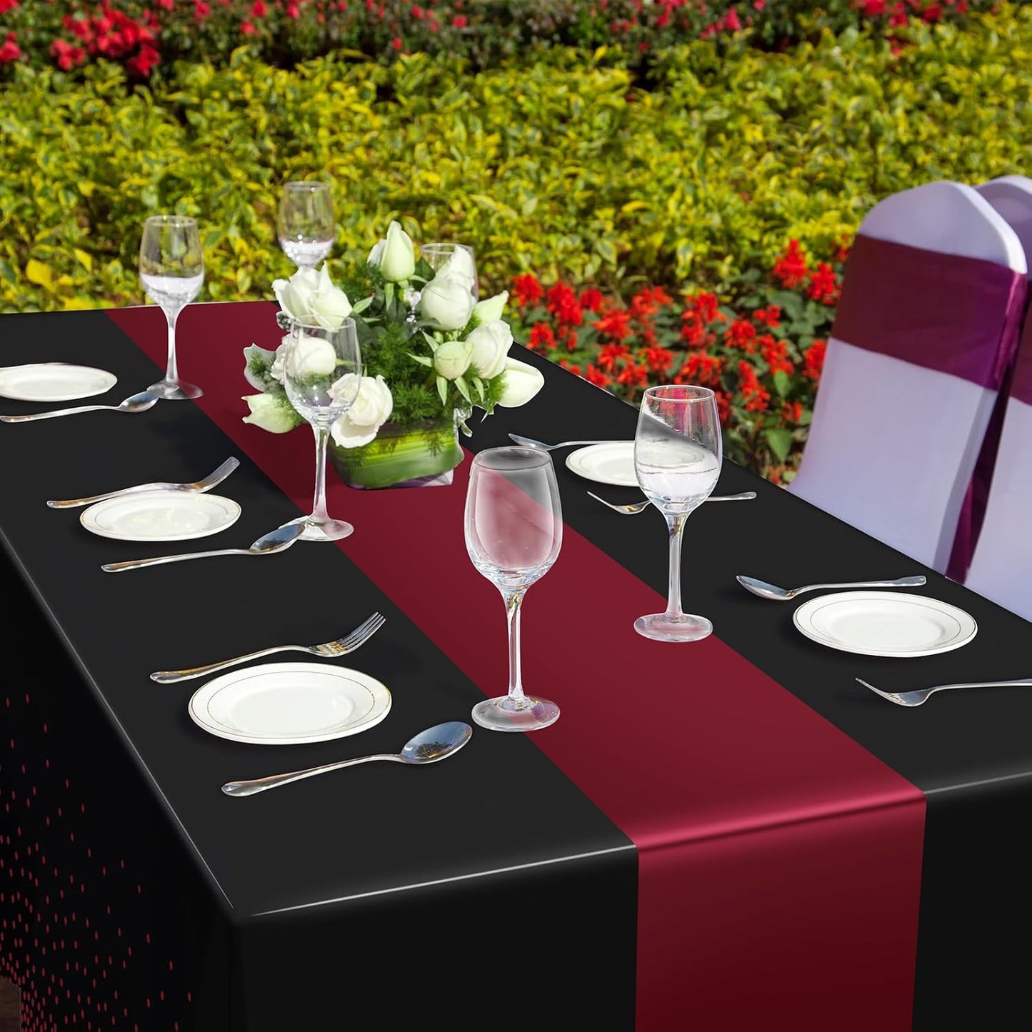 MASHAN 6Pcs Black Maroon Tablecloths, Rectangular Plastic Table Covers, 54x108 Inch, Polka Dot, Stain Resistant, Party Decorations