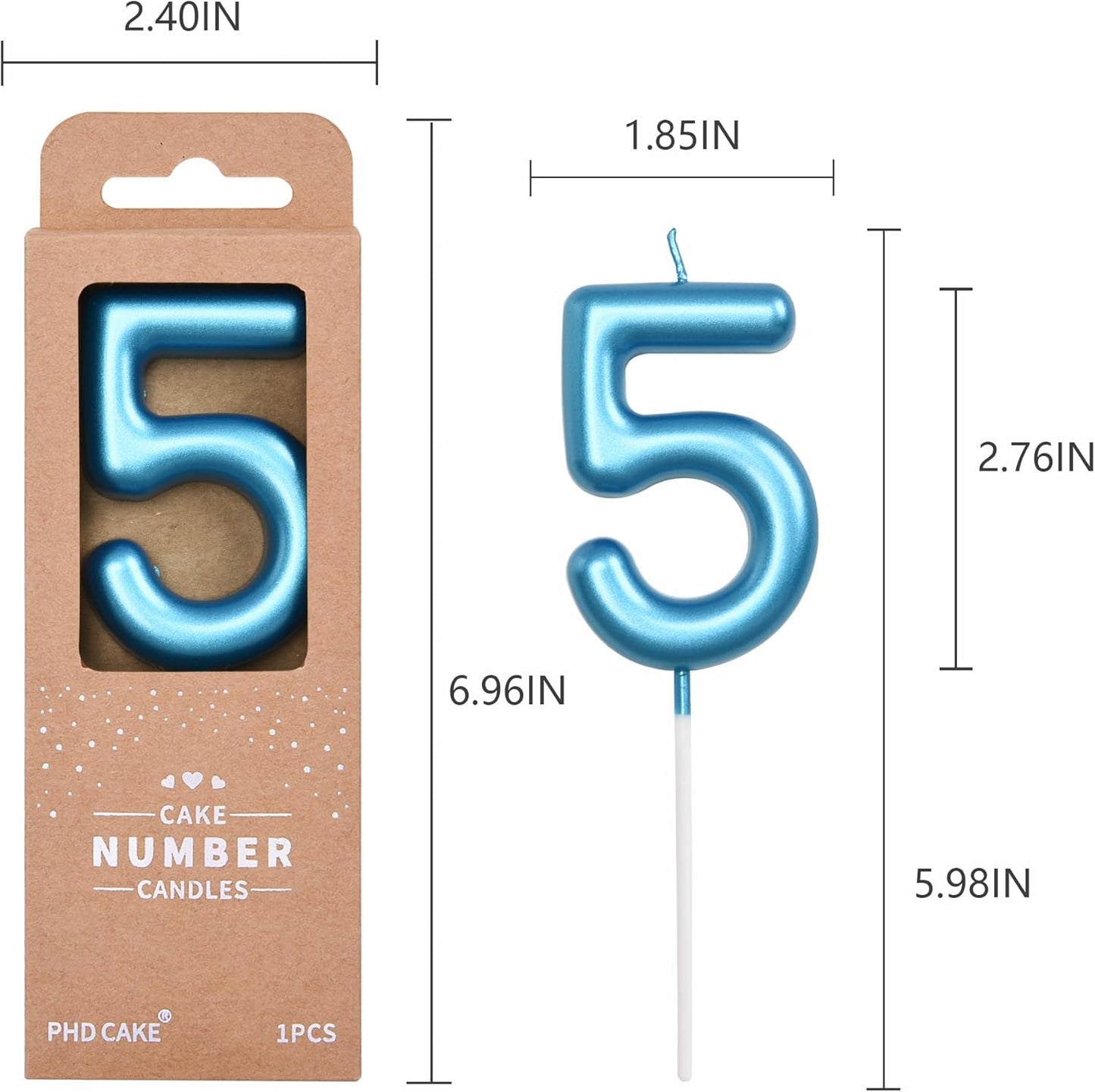 PHD CAKE 2.76 inch Classical Blue 5 Number Birthday Candles, Blue Number Candles, Cake Number Candles, Party Celebration