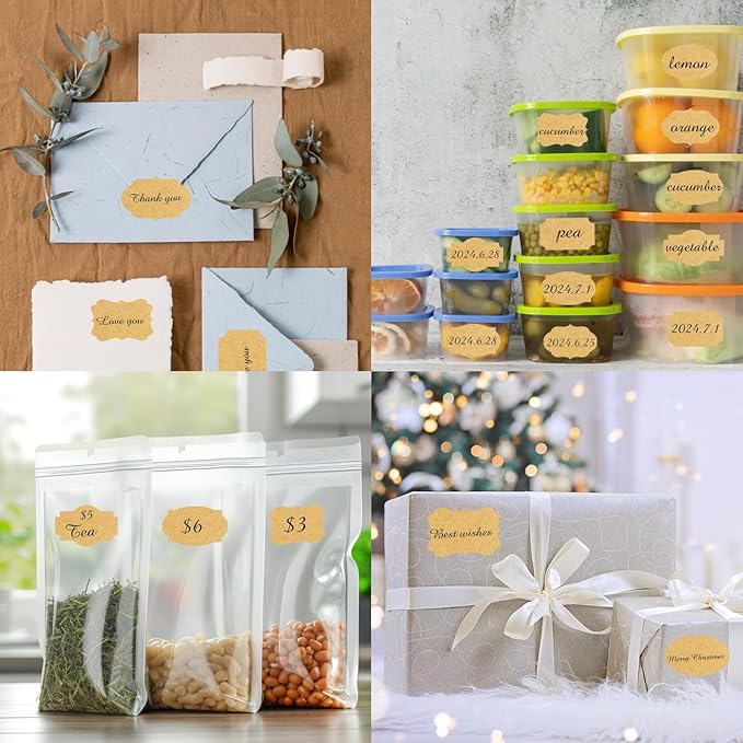 350 PCS Gift Tags & Labels, 2" x 1.2" Fancy Shape Self-Adhesive All-Purpose Jar Labels for Presents & Decoration (Kraft)