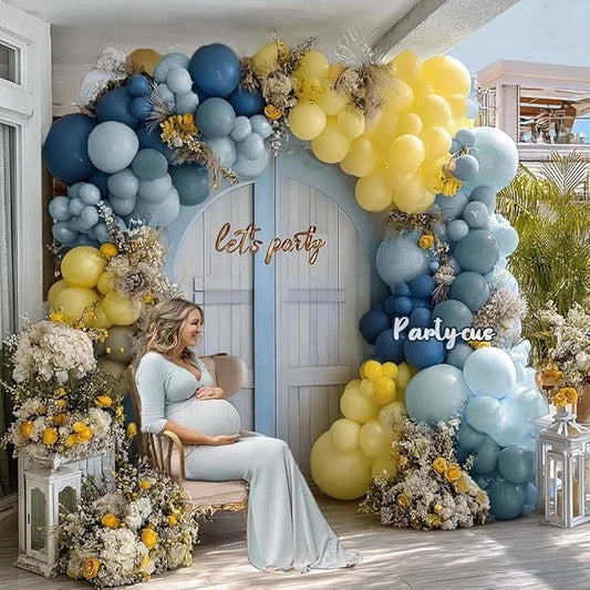 Dusty Blue Yellow Balloon Arch Kit Double Stuffed Dark Pastel Blue Light Yellow Pearl Balloon Garland for Birthday Bridal Wedding Baby Shower Lemon Valentines Party Decoration