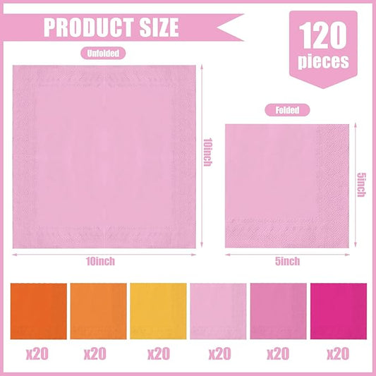 Whaline 120Pcs Orange Pink Cocktail Napkin 6 Colors Multi Color Beverage Paper Napkin 5 * 5 Inch Orange Disposable Napkins for Tequila Sunrise Home Bar Baby Shower Table Party Decor