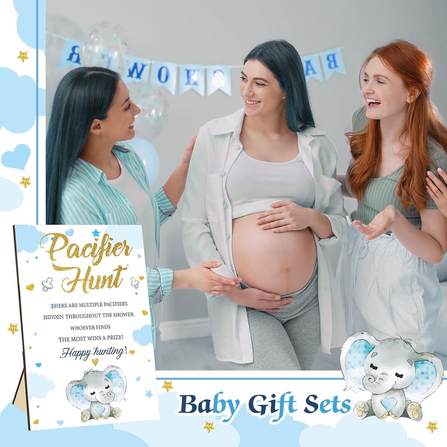 Thyle 51 Pcs Pacifier Hunt Baby Shower Games Include Hunt Sign and 50 Acrylic Pacifiers for Baby Shower Game Decoration Gift Sets Gender Reveal Party Decor(Blue Elephant)